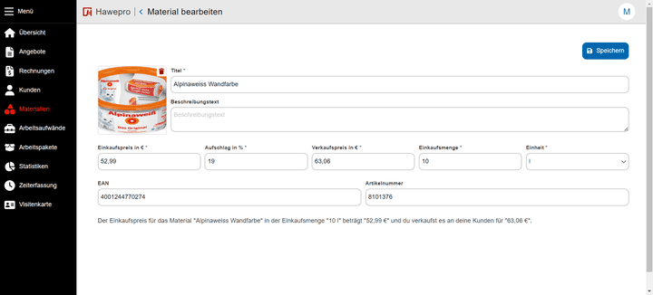 Die Pflege von Materialdaten ist in Hawepro ebenfalls sehr einfach und übersichtlich