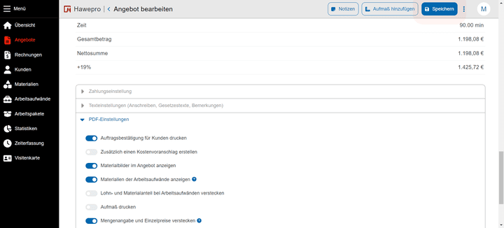Die Einstellungen für deine fertige Rechnung sind vielfältig; leider gibt es keine Dokumentenvorschau, um die Einstellungen zu prüfen