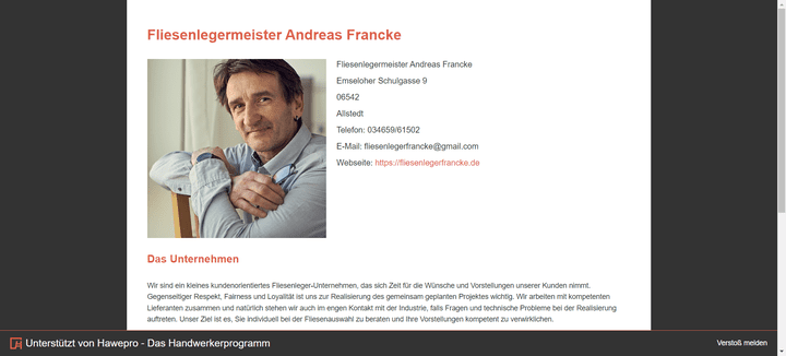 Die Web-Visitenkarte von Hawepro kann als Ersatz für deine eigene Website dienen und wird auch von Google gefunden