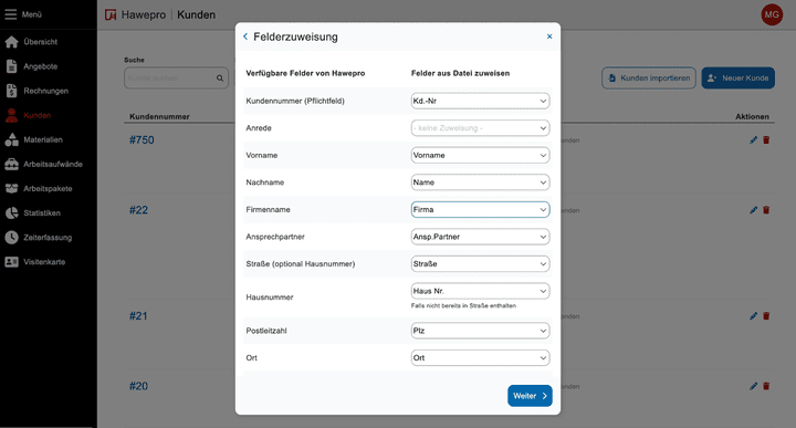 Schritt 1 auf dem Weg zu deiner Kontaktdatenbank ist der Import deiner Kund:innen per CSV und XLS. Das geht dank des Kontaktimports von Hawepro schnell und einfach.