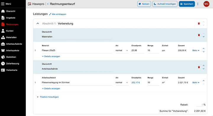 Klicke dir dein Angebot (oder deine Rechnungen) aus freien Positionen, Arbeitsaufträgen, Materialien oder Arbeitspaketen zusammen