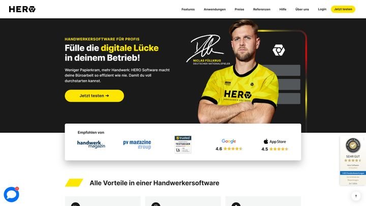 Die HERO-Startseite im Browser: Die Handwerker-Software kombiniert Funktionen einer Büro-Software mit Projektmanagement und Kundenverwaltung im Handwerk