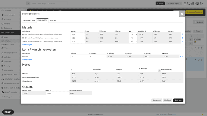 Artikel und Leistungen hinterlegt du besser gleich eine Kalkulation - das macht die Angebotserstellung einfacher!