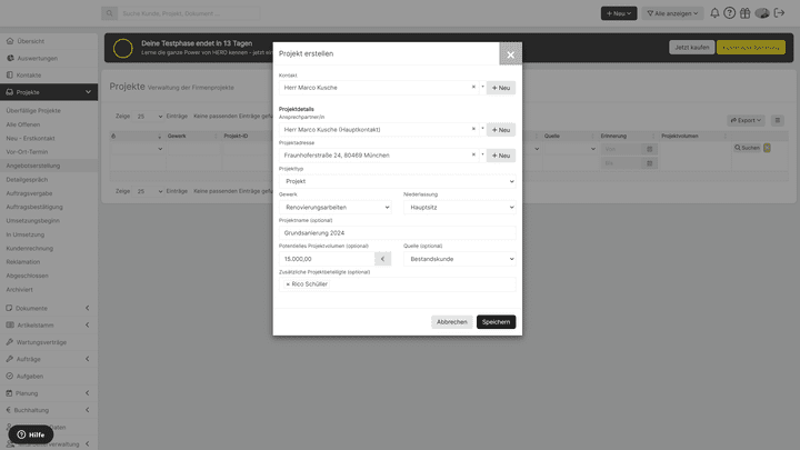 Angebote schreibst du als Dokument oder direkt mit einem Projekt verknüpft