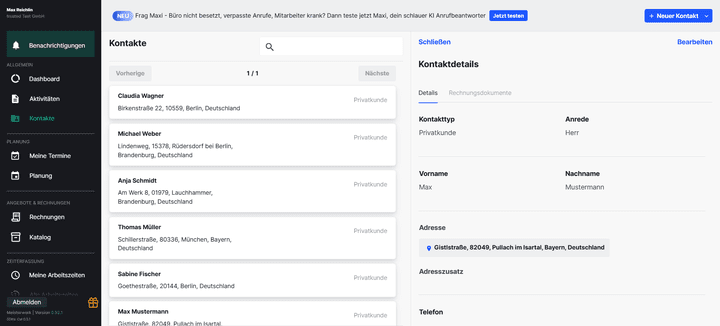 In der Kontaktdatenbank von Meisterwerk pflegst du die wichtigsten Kontaktdaten von Privat- und Geschäftskund:innen.