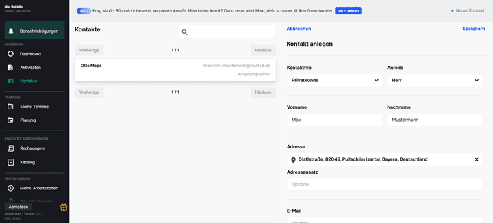 Um einen neuen Kontakt in Meisterwerk anzulegen, brauchst du nur ein paar oberflächliche Angaben. Wichtig ist auch die genaue Adresse, die später die Routenplanung per Google Maps unterstützt.