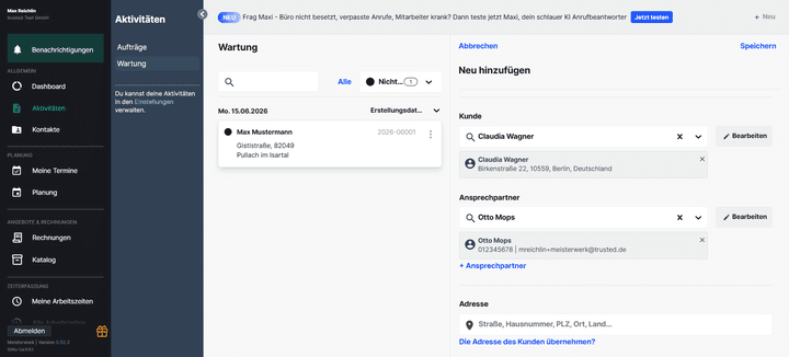 Umfangreicher als die Kontaktverwaltung ist die Auftragsverwaltung. Hier hast du viel mehr Möglichkeiten. Das zeigt, dass Meisterwerk eher für Unternehmen gedacht ist, die von Auftrag zu Auftrag denken – nicht von “Kund:in” zu “Kund:in”.