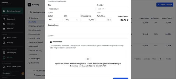 Neue Artikel und Leistungen sind in Meisterwerk schnell hinzugefügt. Dafür kannst du Einheiten und Umsatzsteuersätze sowie Einkaufspreise und Aufschläge flexibel festlegen.