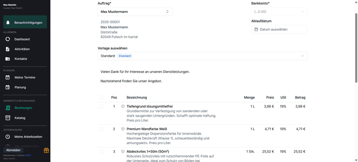 Angebote oder Rechnungen erstellst du in Meisterwerk mit nur wenigen Klicks.