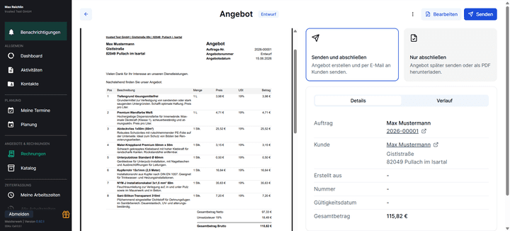 So könnte dein fertiges Angebot mit Meisterwerk aussehen. Willst du die Dokumente individualisieren, kannst du auch eigene Texte und z.B. dein Logo mit auf die PDFs setzen.