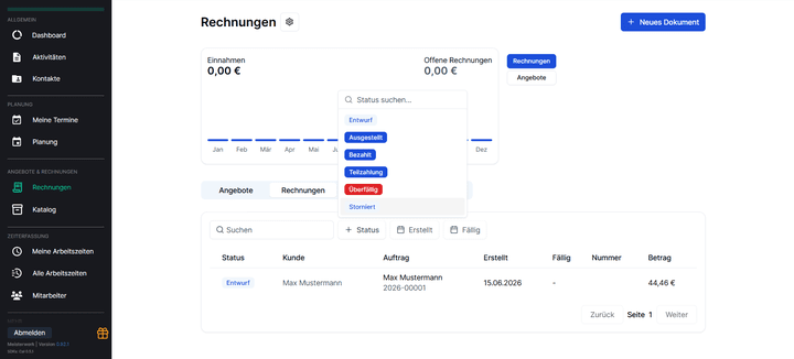 In der Einnahmenübersicht bekommst du (wenn du Angebote und Rechnungen erstellst) einen Überblick über die geplanten Umsätze.