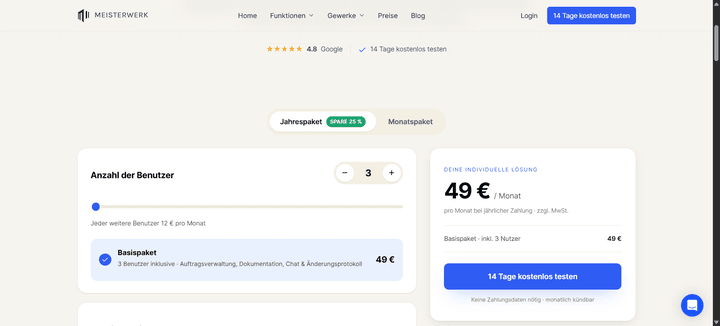 Bei Meisterwerk startest du mit dem Basispaket für 3 integrierte User, das du jederzeit um weitere Lizenzen erweitern kannst.