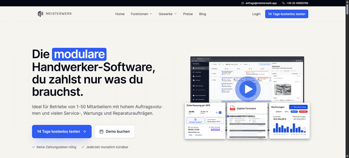 Meisterwerk ist eine moderne Cloud-Handwerkersoftware für kleine und wachsende Betriebe: Besonderes Verkaufsargument: Der modulare Aufbau, durch den du nur die Funktionen zahlst, die du auch tatsächlich brauchst.