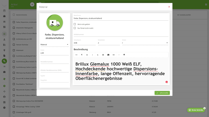 Neue Material- und Leistungseinträge kannst du manuell oder via Import in dein digitales Büro laden