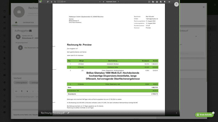 Letzter Check: Die Rechnung enthält alle Positionen und kann so an die Auftragsfirma rausgehen