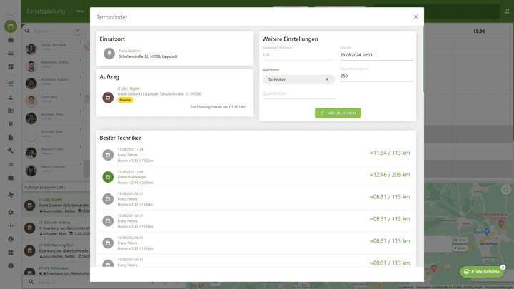 Mit dem KI-Assistenten findest du verfügbare Mitarbeiter in Bestzeit: Techniker-Management für Smarte!