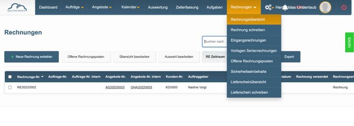 Die Rechnungsübersicht zeigt sämtliche Rechnungsarten an