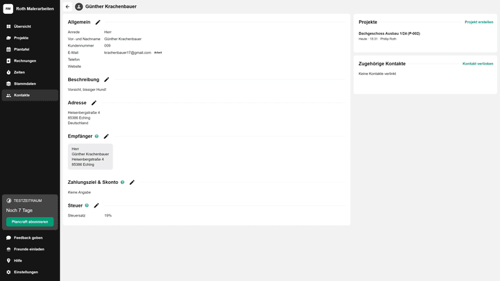Die Detailansicht von Kontakten hat eine gute Datentiefe und bleibt trotzdem klar und übersichtlich