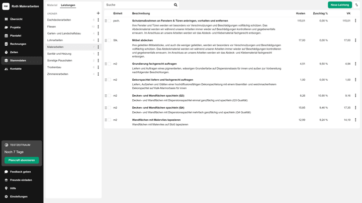 Mit eigenen Kategorien und Unterordnern bringst du System in deinen Material- und Leistungskatalog