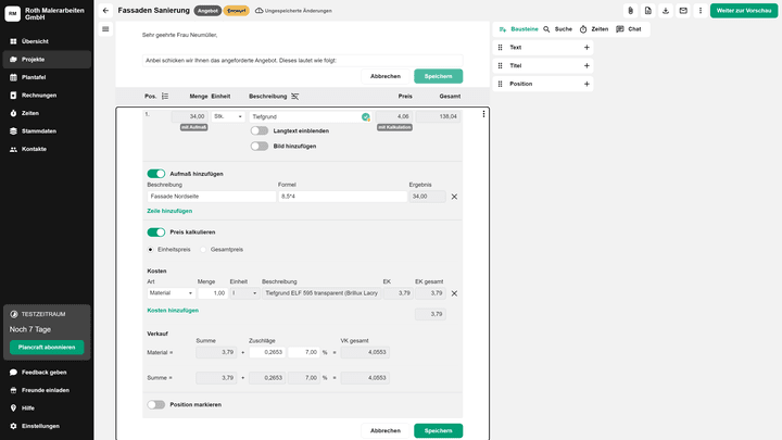 Aufmaße kannst du direkt in Angeboten erstellen und über die Konsole schnell berechnen