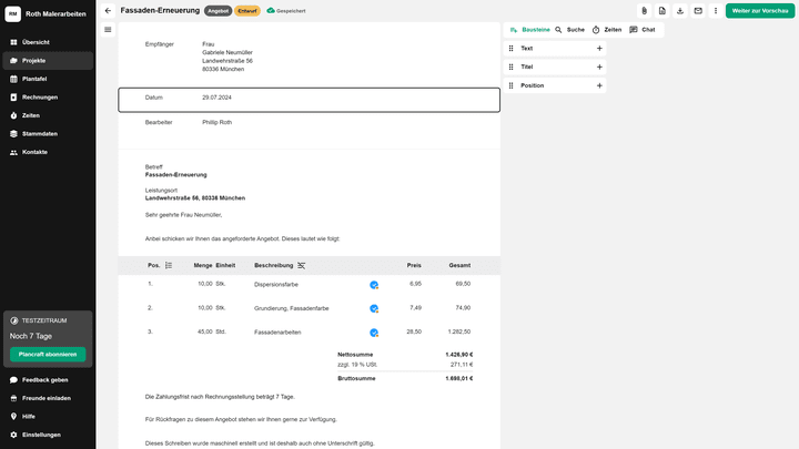Angebote konnte ich im Test mit plancraft innerhalb weniger Minuten erstellen: und das ganz ohne Übung!