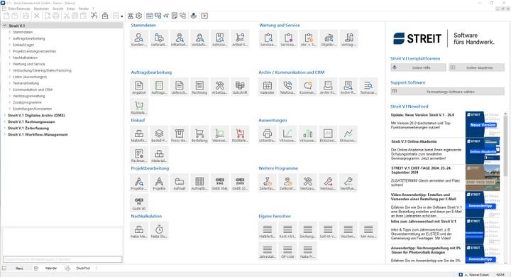 Ein Blick auf die Startseite von STREIT. Die Komplexität und Funktionsfülle der Software wird hier schon offensichtlich.