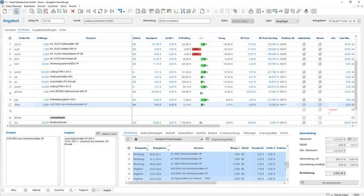 Unten im Bild siehst du die Preishistorie, die dir einen Überblick darüber gibt, wie viel du in der Vergangenheit für einzelne Positionen berechnet hast