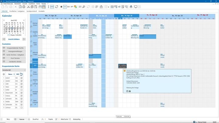 Der integrierte Kalender enthält alle Termine und Aufträge für dich und dein Team