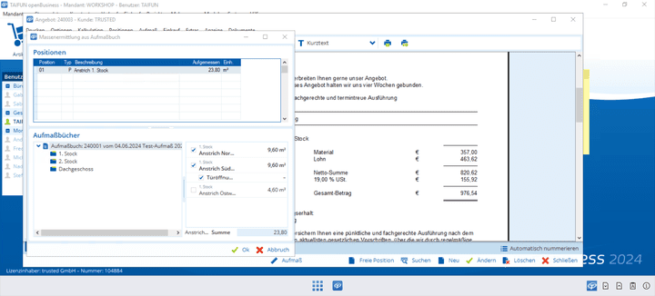 Die Aufmaßdaten lassen sich mit ein paar Klicks als Positionen in ein Angebot überführen