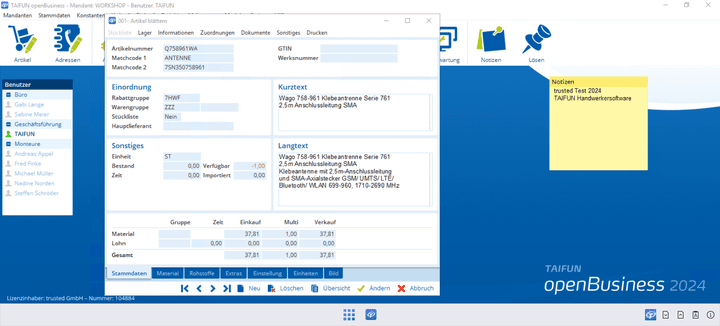 In der Artikeldatenbank sammelst du deine Artikel und deine Leistungen übersichtlich und mit den wichtigsten Daten