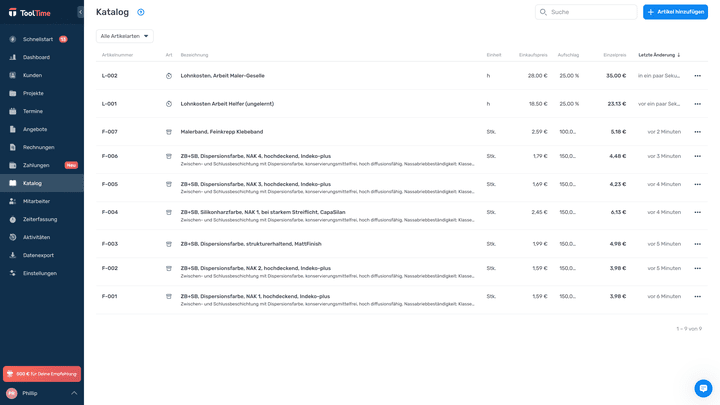 Auch der Leistungskatalog ist schlicht, liefert aber, was du zur Stammdatenverwaltung im Handwerk brauchst
