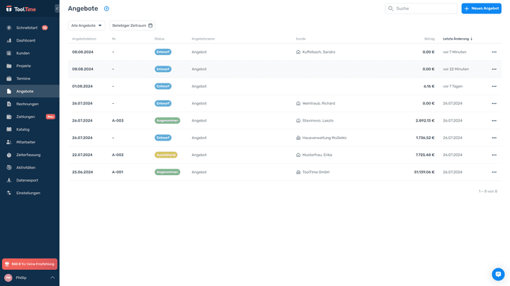 Angebote schiebt ToolTime vom Entwurf bis zur Abnahme durch eine Pipeline