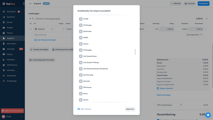 Großhandelspositionen kannst du über Schnittstellen direkt in dein Angebot übernehmen