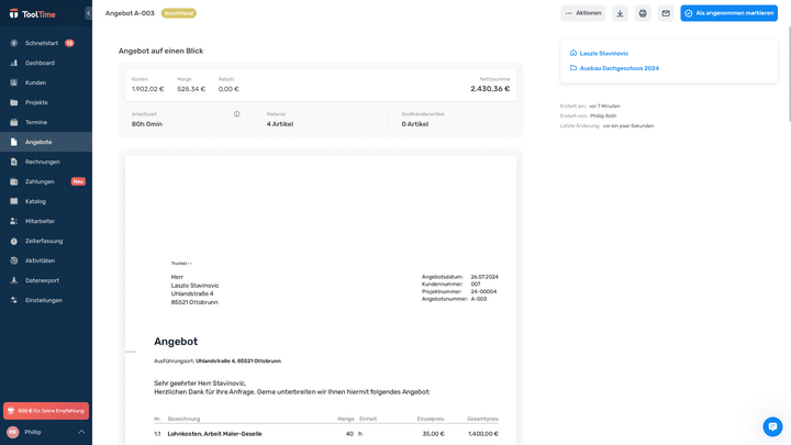 Ein Blick auf mein erstes Angebot mit ToolTime