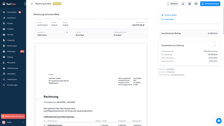 Die Zahlungsverwaltung in ToolTime ist auch visuell gut umgesetzt