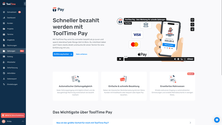 ToolTime Pay überwacht automatisch alle Zahlungseingänge und ordnet sie den entsprechenden Rechnungen zu