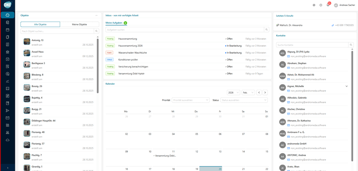 Im übersichtlichen Dashboard von andromeda.ONE bekommst du einen Überblick über alle deine Termine, Aufgaben und Nachrichten.