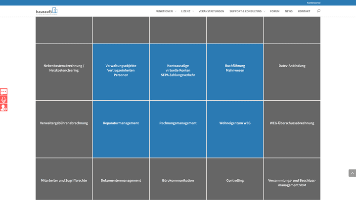 Jede Kachel steht für ein Modul von haussoft - die blauen sind Kernmodule, also Grundfunktionen
