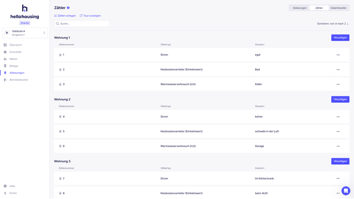 Die Zählerstände verwalten Sie im Reiter “Ablesungen”