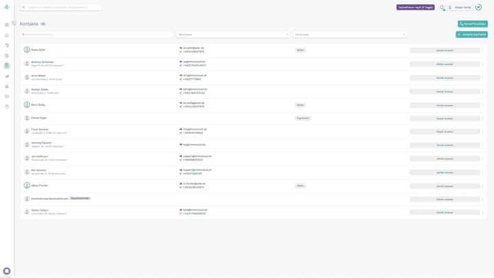 Die Kontaktdatenbank ist übersichtlich und glänzt mit Such- und Filterfunktion. Mieter:innen werden außerdem farblich hervorgehoben.