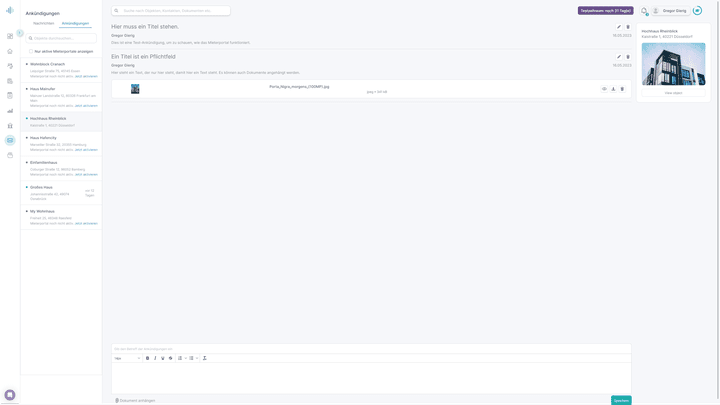 Über den Reiter “Ankündigungen” erreichen Sie alle Teilnehmer:innen am Mieterportal