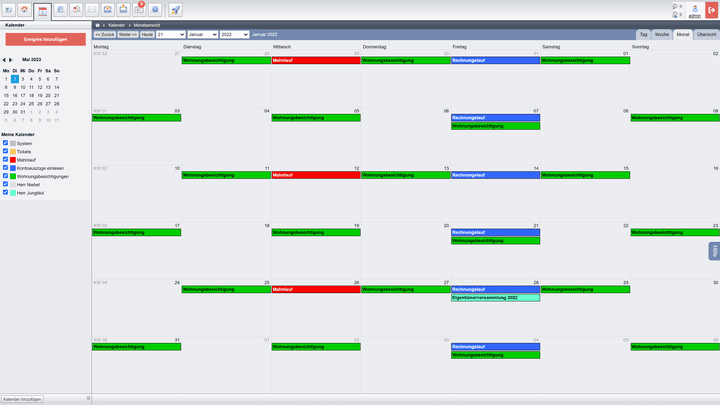 Mit dem Kalender behalten Sie den Überblick über anstehende Aufgaben - z.B. Wohnungsbesichtigungen und Eigentümerversammlungen