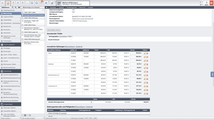 Laufende Kosten für ein Gebäude sehen Sie in dieser Übersicht. Noch fehlende Beträge können Sie (etwas sperrig) über “offene Posten” in der Zeile “aktueller Saldo Debitor” abrufen.
