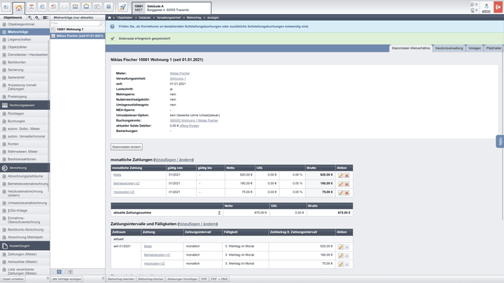 Die Finanzübersicht zu einzelnen Wohnungen ist relativ übersichtlich. Abrechnungen fertigen Sie über das Menü auf der linken Seite an.