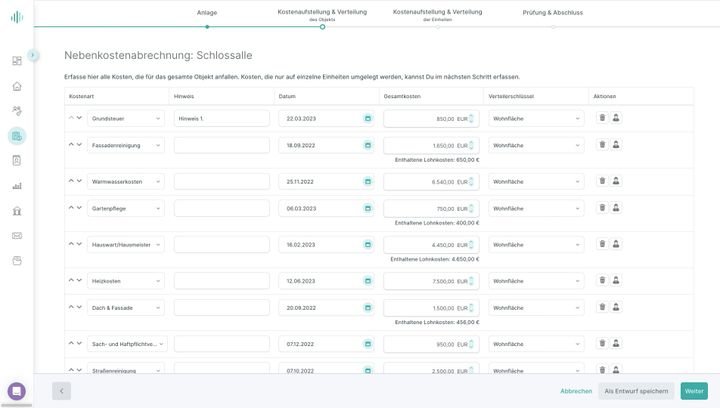 15 Kostenpunkte sind vorausgewählt – Sie müssen nur noch die Daten eintragen. Oder Sie löschen die Punkte wieder.