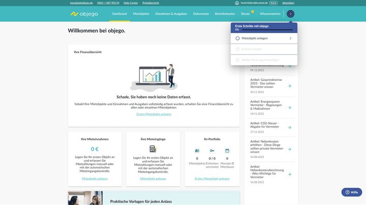 Das Dashboard ist bei objego Ihre Verwaltungs-Zentrale