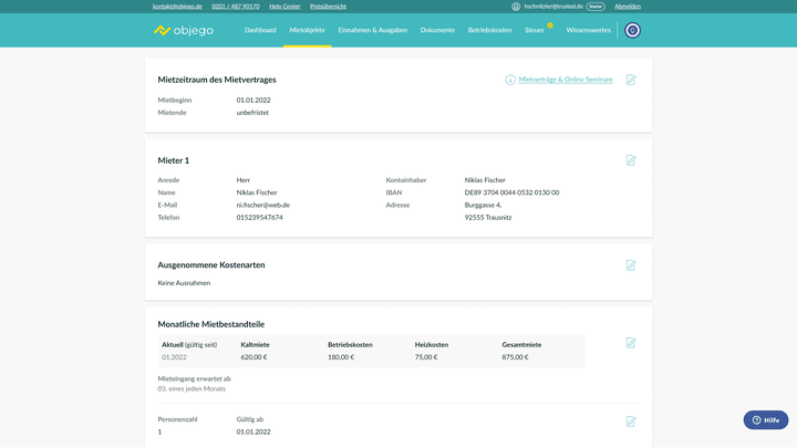 Haben Sie alle Daten zum Objekt und den Mieter:innen eingegeben, wird Ihnen eine Art vereinfachter Mietvertrag angezeigt