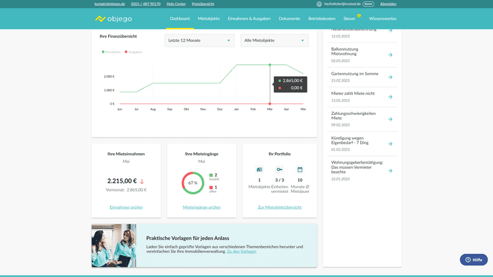 Sobald die ersten Mietzahlungen eingegangen sind, füllt sich das Dashboard mit Leben