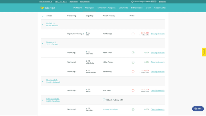 Welche Mieten (und wie viele) insgesamt noch fehlen, sehen Sie in der Übersicht Ihrer Mietobjekte, auf die Sie vom Dashboard aus direkten Zugriff haben
