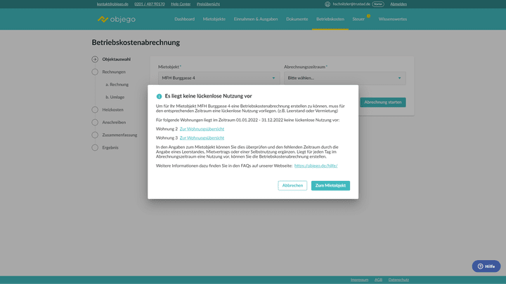 Das Tool denkt mit: hier haben wir die Leerstände für unsere Testwohnungen im Zeitraum der Betriebskostenabrechnung nicht eingetragen